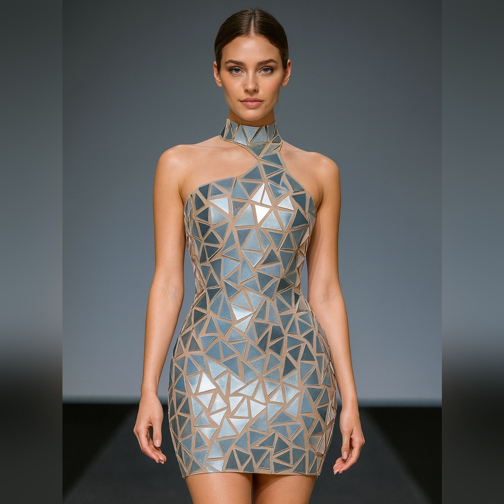Chic Strapless Geometric Dress in Silver